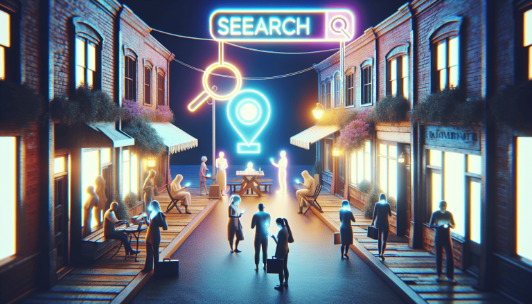 Digital street ambiance with neon signs depicting search icons and people interacting, representing SearchGPT's impact on small businesses and local search.