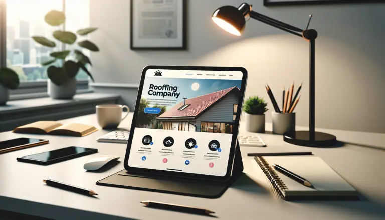 Tablet displaying one of the best roofing websites on a desk, highlighting a roofing company's homepage design.