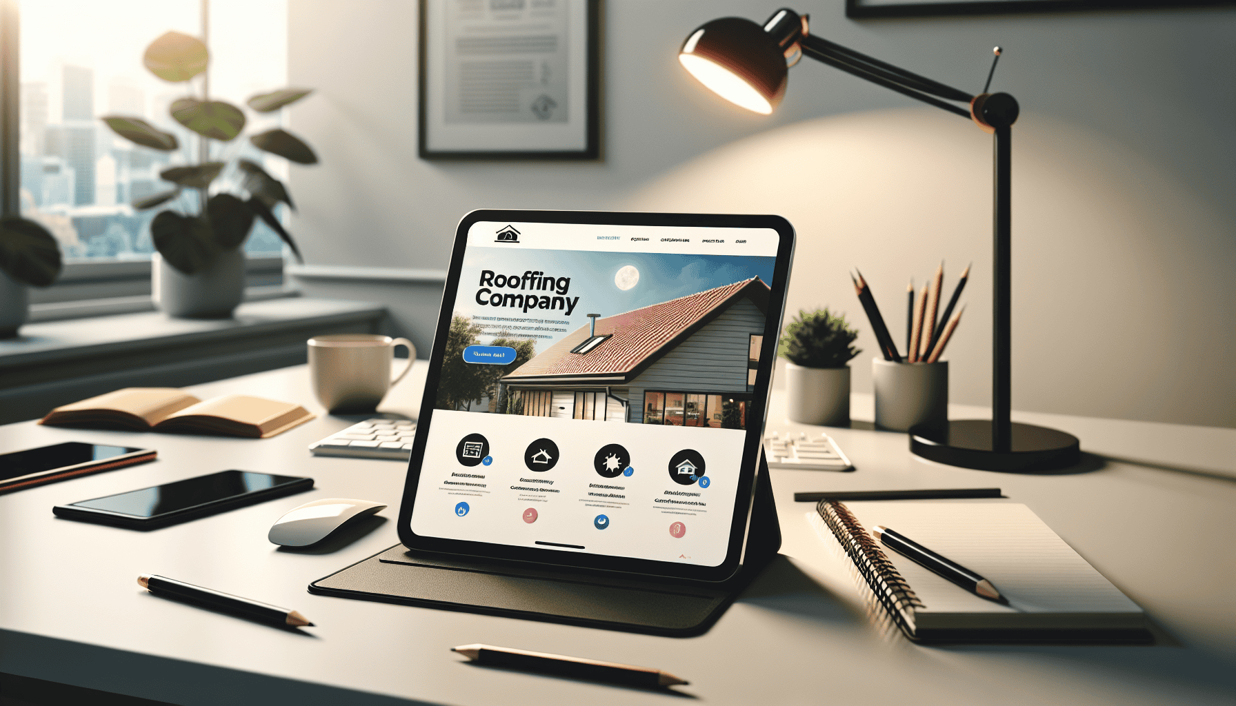 Tablet displaying one of the best roofing websites on a desk, highlighting a roofing company's homepage design.