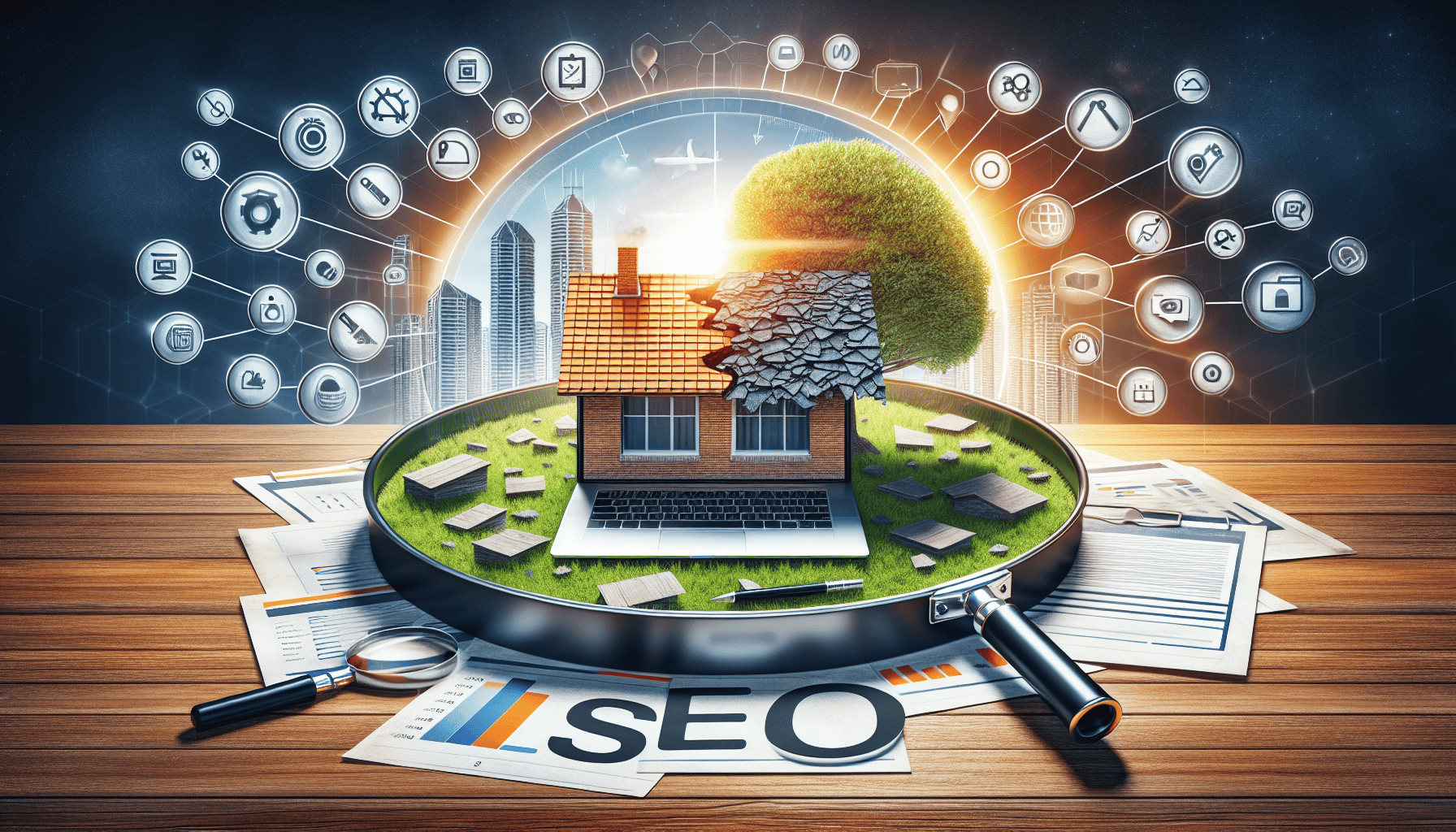 Roofer SEO mistakes concept with a tiny house on a laptop amidst digital symbols, highlighting errors in digital marketing strategies for roofers.