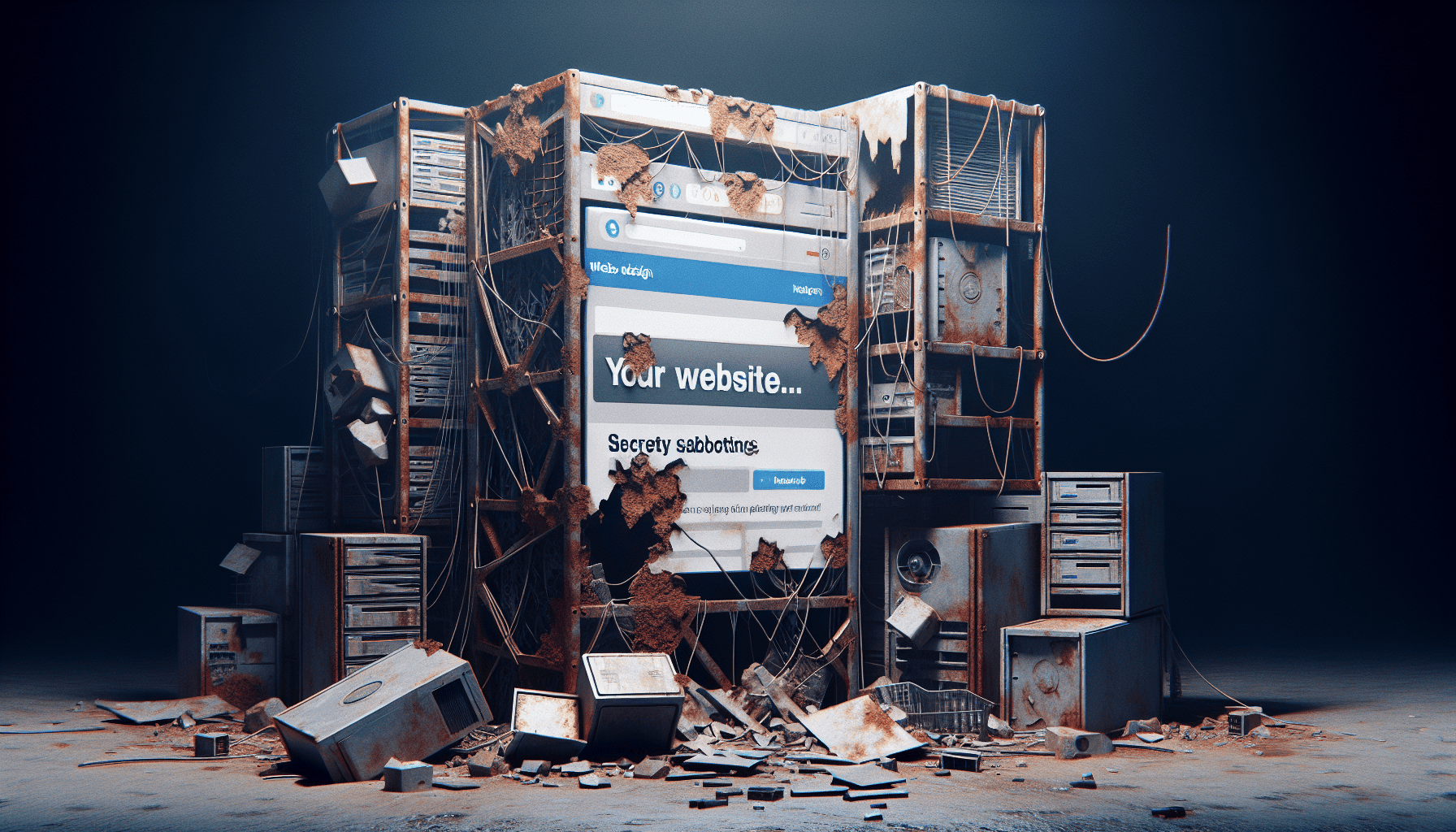 Abandoned computer server room illustrating outdated web design with decaying equipment and overgrown elements conveying neglect.