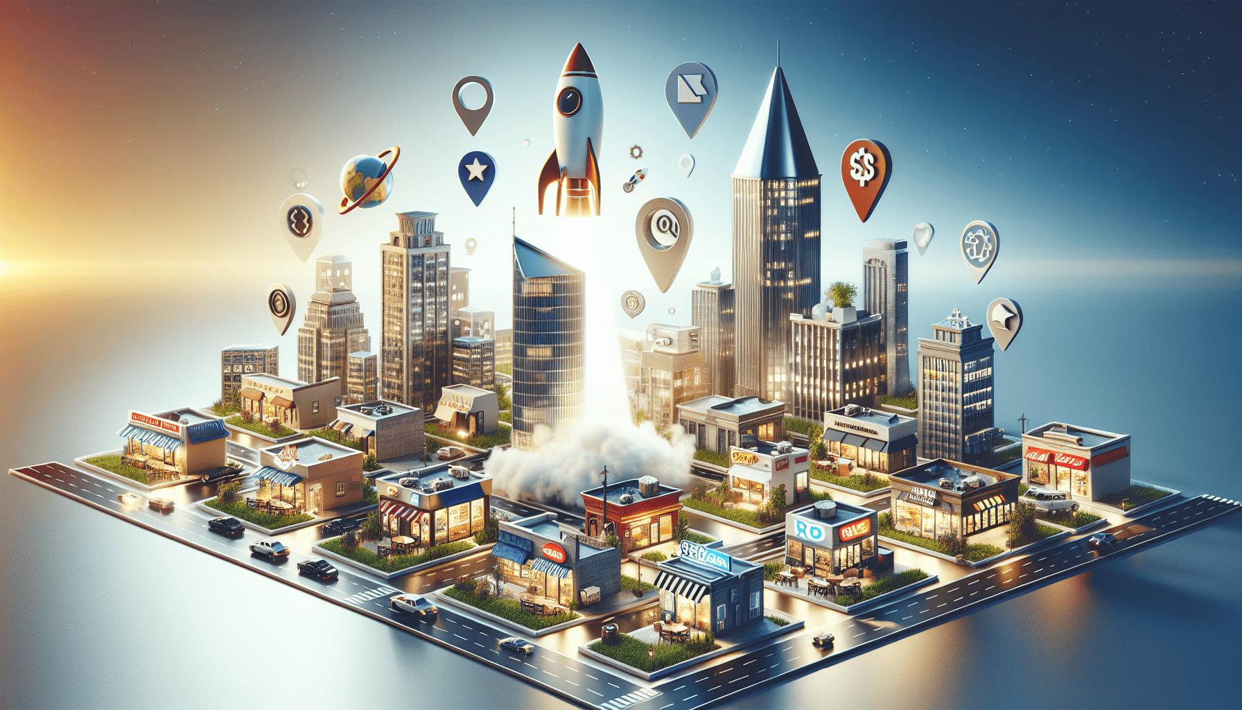 Digital cityscape with businesses and SEO icons demonstrating local SEO growth and optimization strategies for small enterprises.