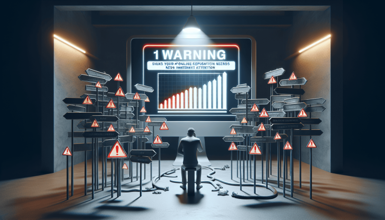 Person facing warning signs and graph, highlighting the importance of online reputation management for successful online marketing.