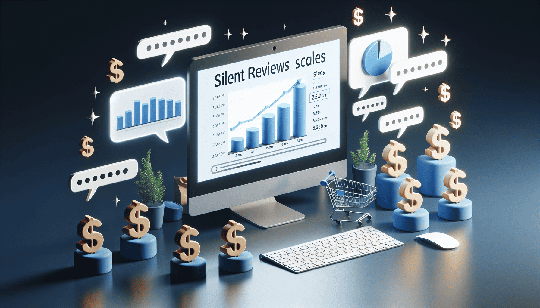 Computer screen displaying graphs, dollar signs, and chat bubbles, symbolizing online marketing growth and digital interaction.