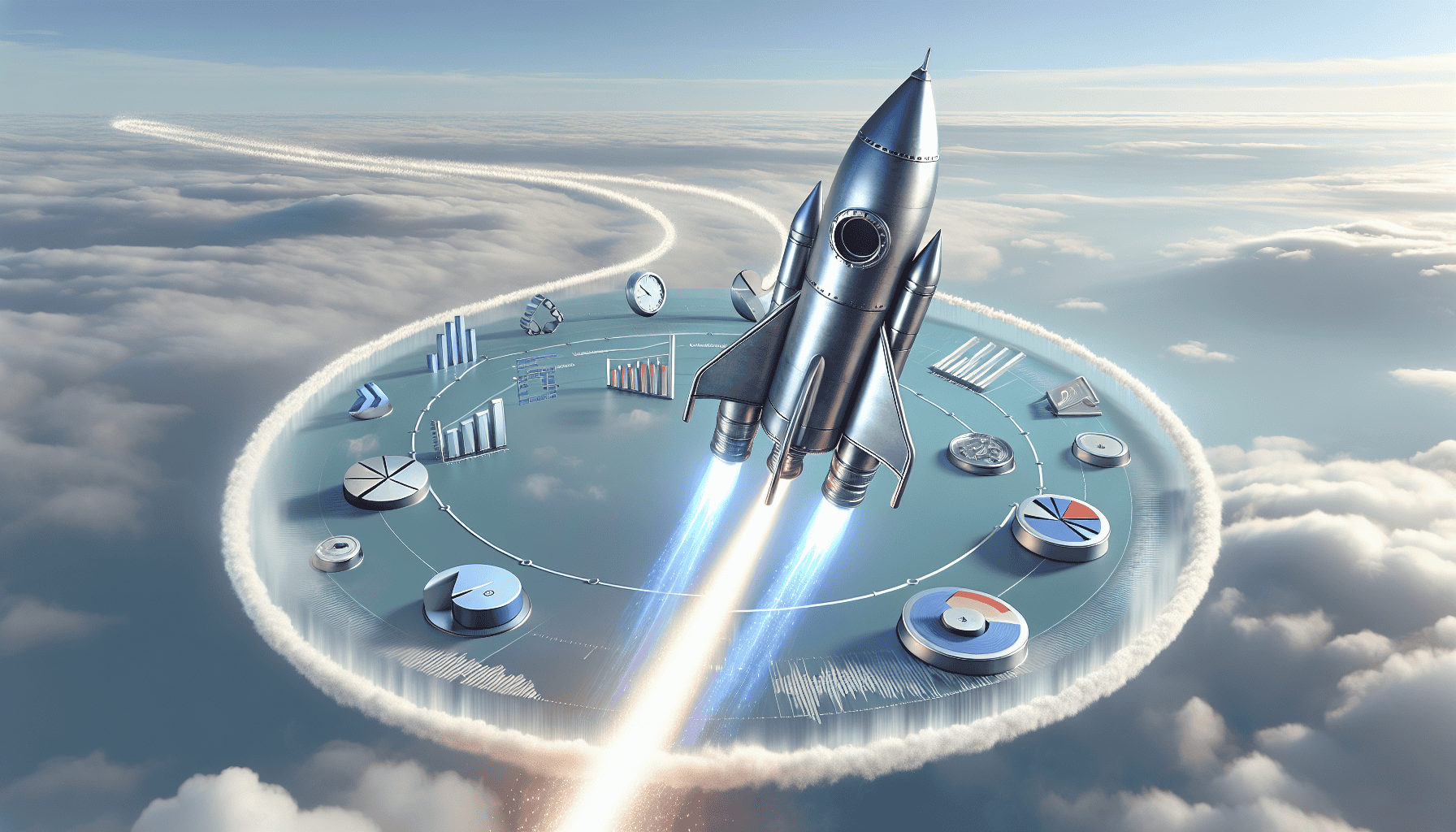 Rocket launching with marketing automation tools and graphs in a cloud, symbolizing growth and efficiency in digital marketing strategies.
