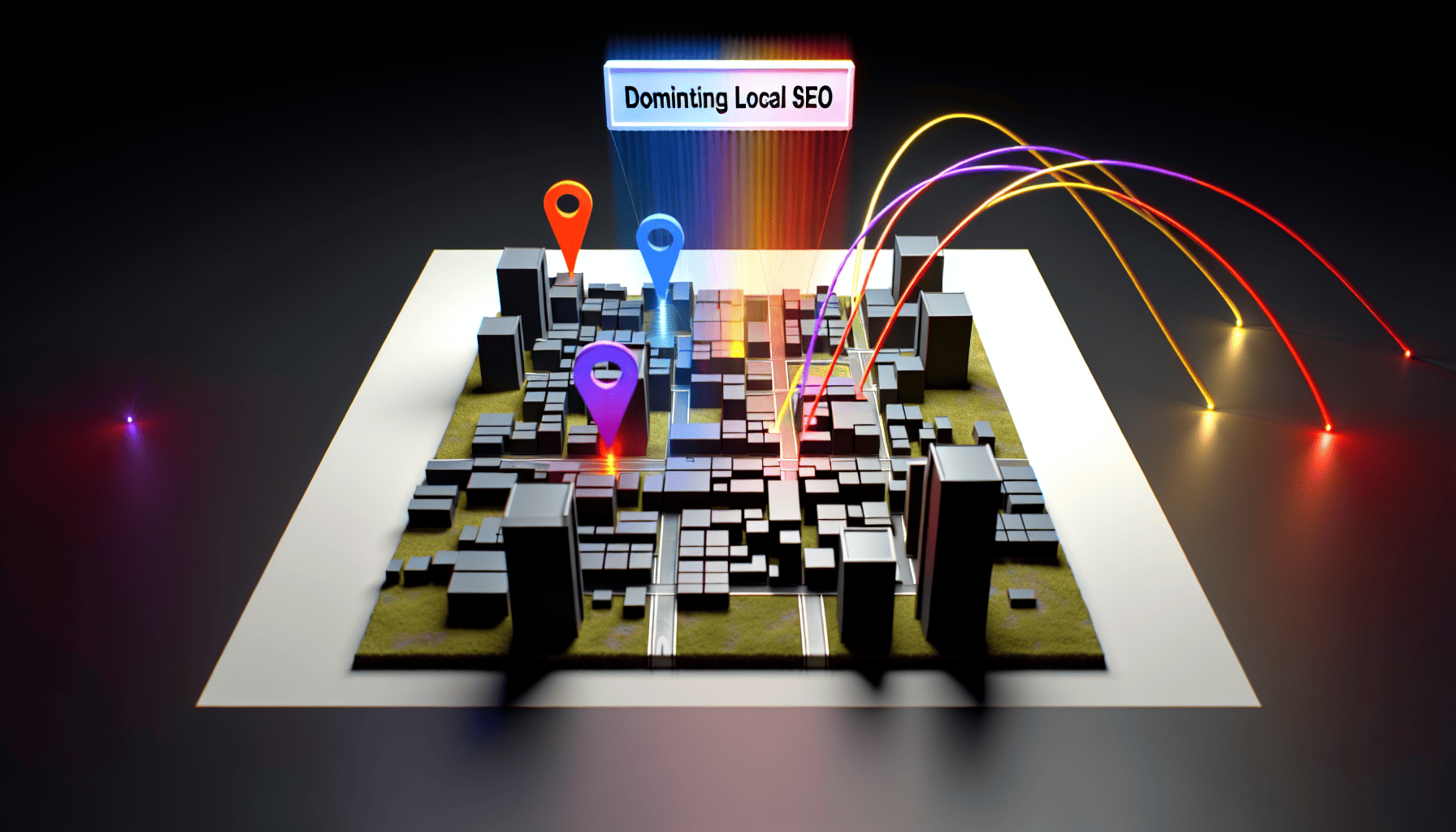 3D map with colorful location markers and lines, illustrating the concept of dominating local SEO.