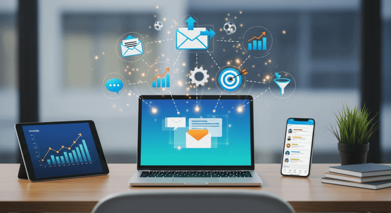 Dashboard with email marketing automation workflow on screen