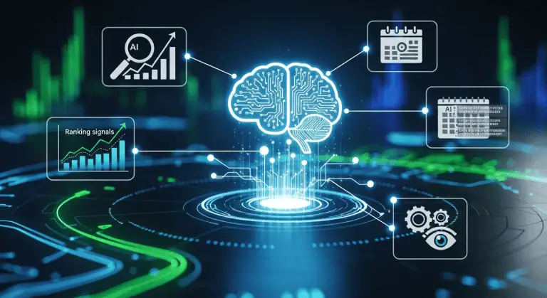 Artificial intelligence brain graphic overlaying SEO elements like keywords, analytics, and search bars