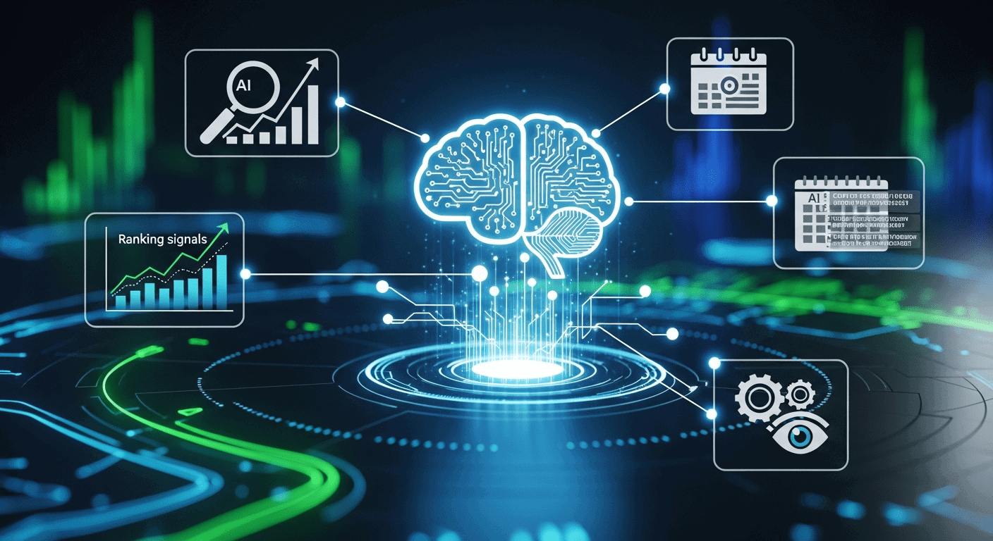 Artificial intelligence brain graphic overlaying SEO elements like keywords, analytics, and search bars