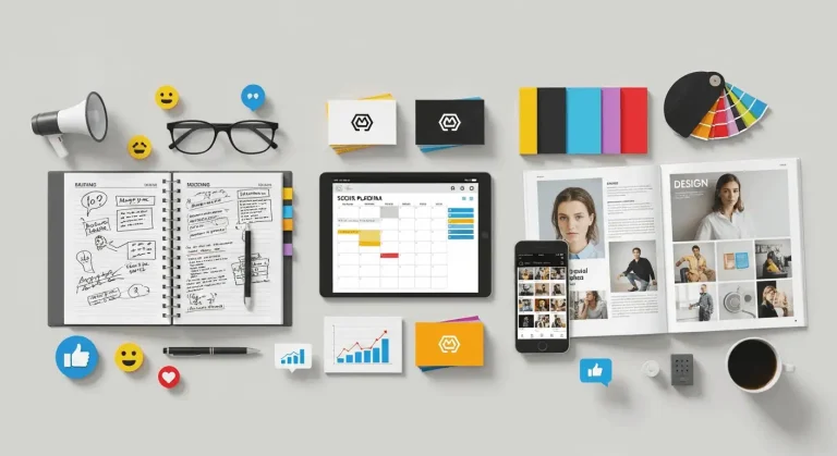 Person reviewing social media content calendar on laptop with branded graphics