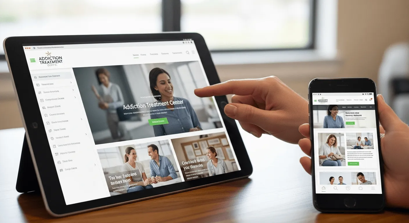 Responsive addiction treatment center website shown on desktop and mobile