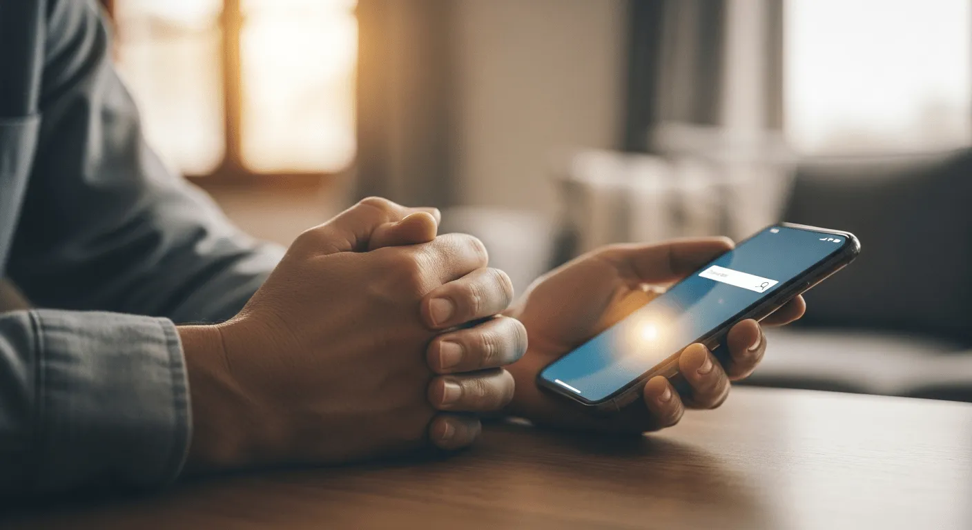 Worried family member holding a phone and searching for addiction treatment options