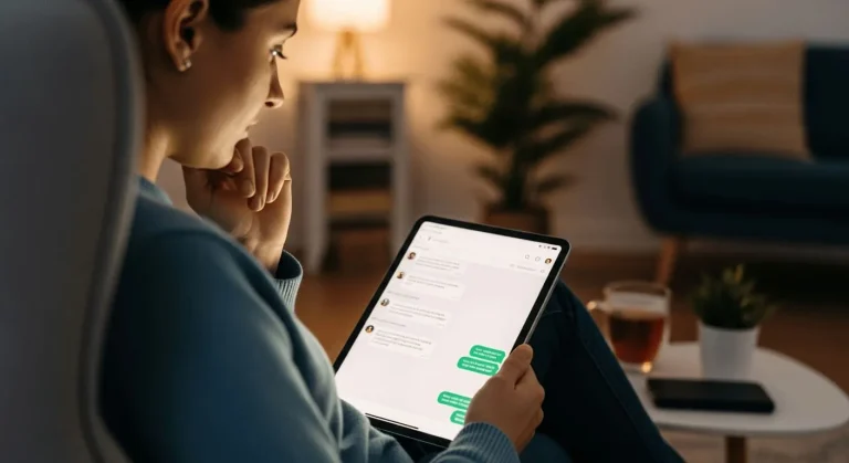 Person using a tablet for online chat in a comfortable home setting.