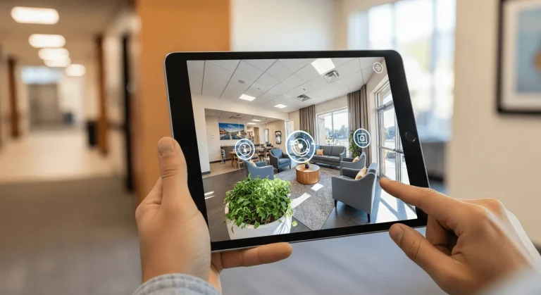 A virtual tour interface displayed on a tablet screen, showcasing an addiction treatment center.