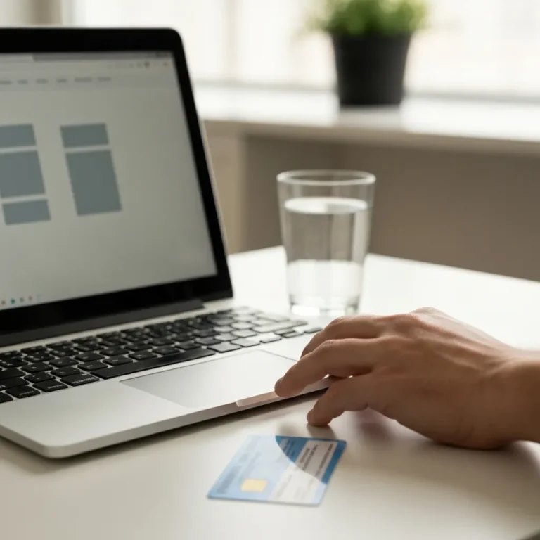 Adult hand on a laptop keyboard next to a generic medical insurance card and a glass of water on a white desk