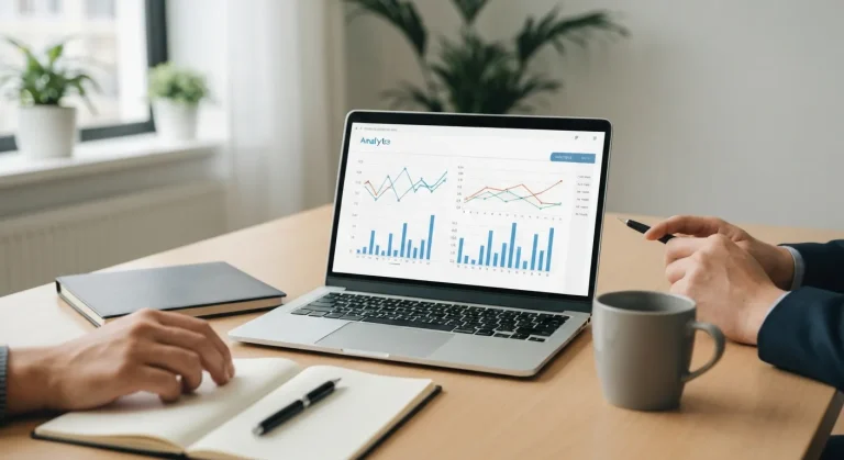 Modern marketing strategy meeting on a wood table with a laptop showing analytics dashboard, notebook, pen, and coffee mug