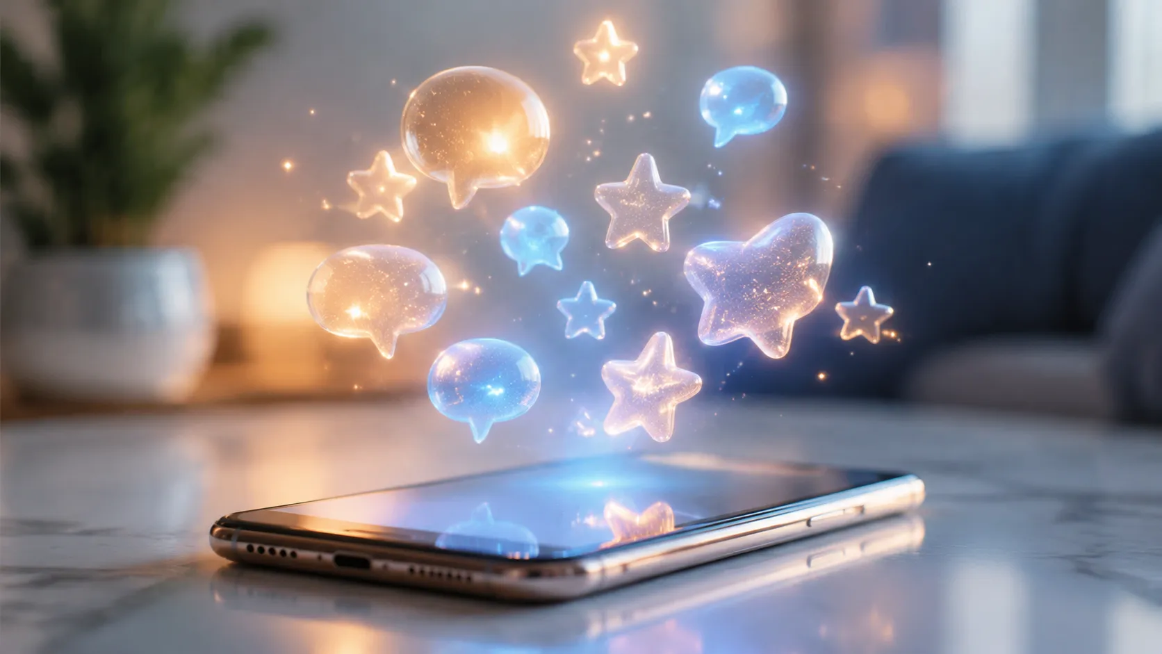 Glowing star shapes and soft speech-bubble forms floating above a smartphone on a clean light surface