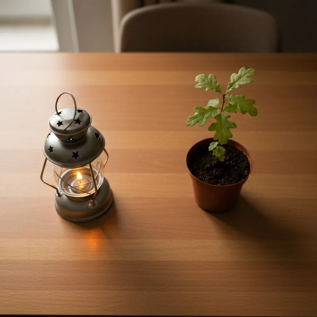 Conceptual photograph of a small lit lantern next to a thriving small potted oak seedling on a wood desk representing speed versus growth
