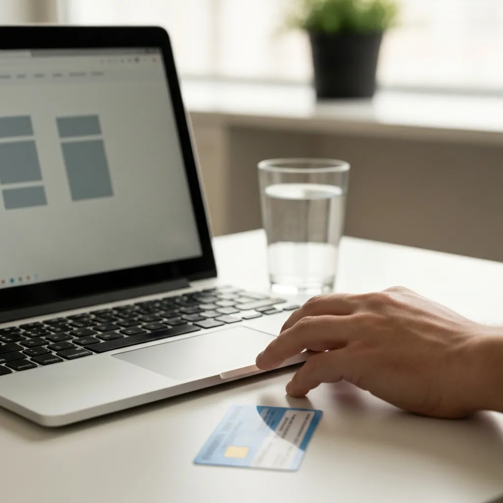 Adult hand on a laptop keyboard next to a generic medical insurance card and a glass of water on a white desk