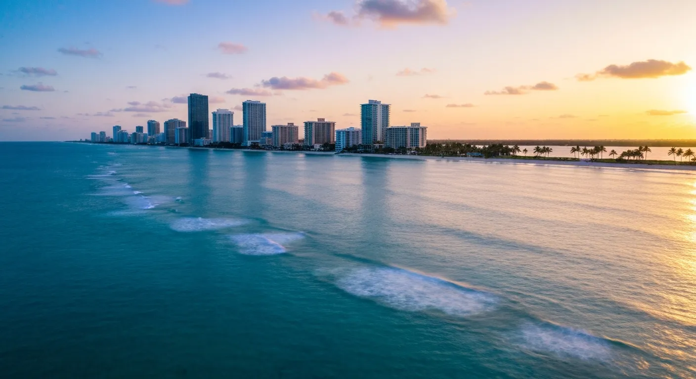 Florida coastline aerial view at golden hour with a city skyline along the shore and palm trees