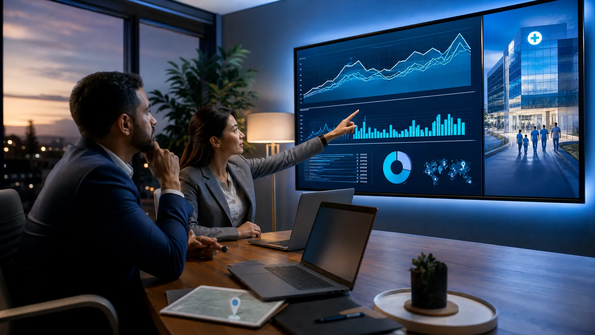 Team Reviewing Addiction Treatment Marketing Analytics On Digital Dashboard