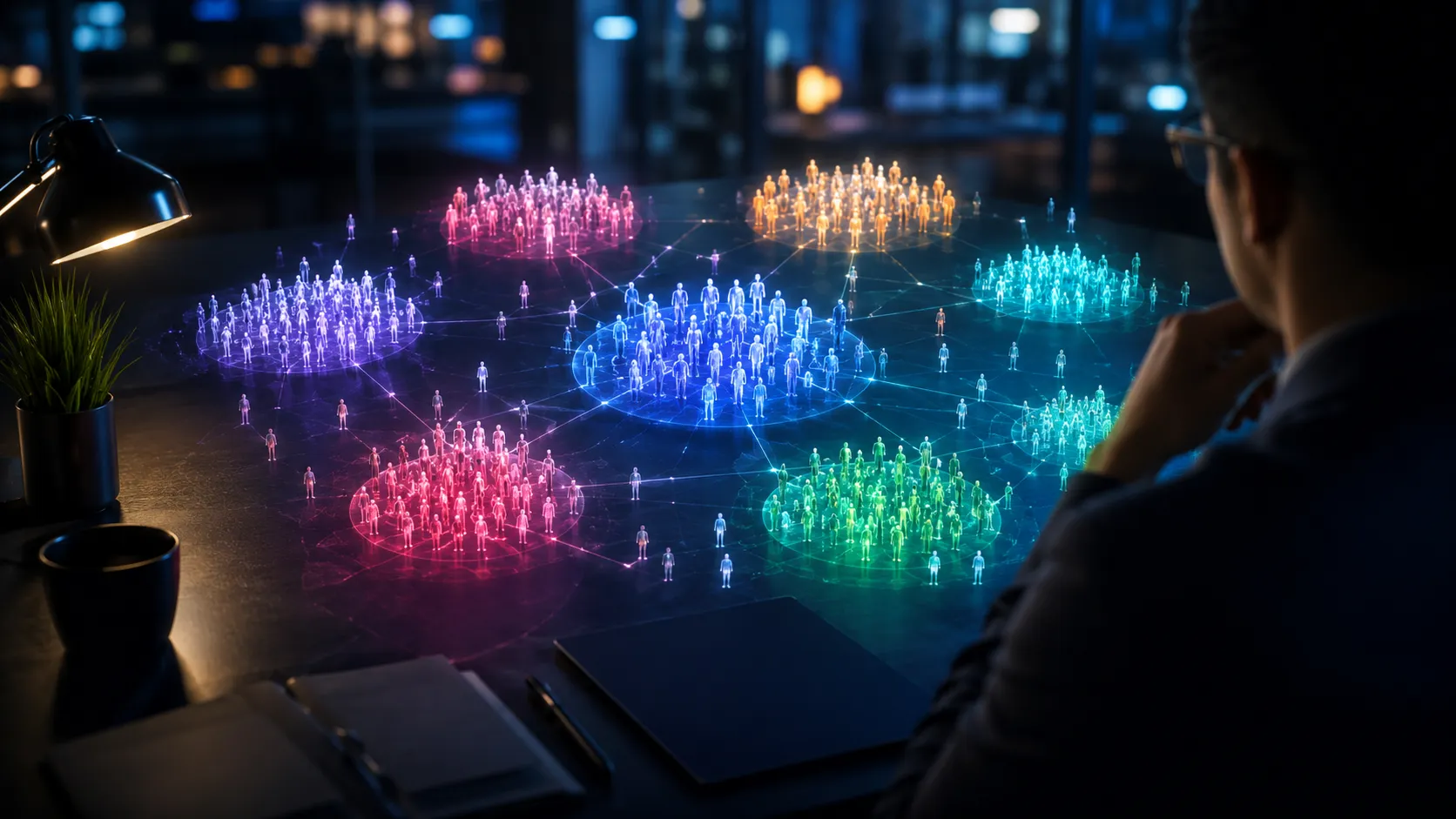 Glowing interconnected gears and light paths routing small task tokens automatically above a laptop