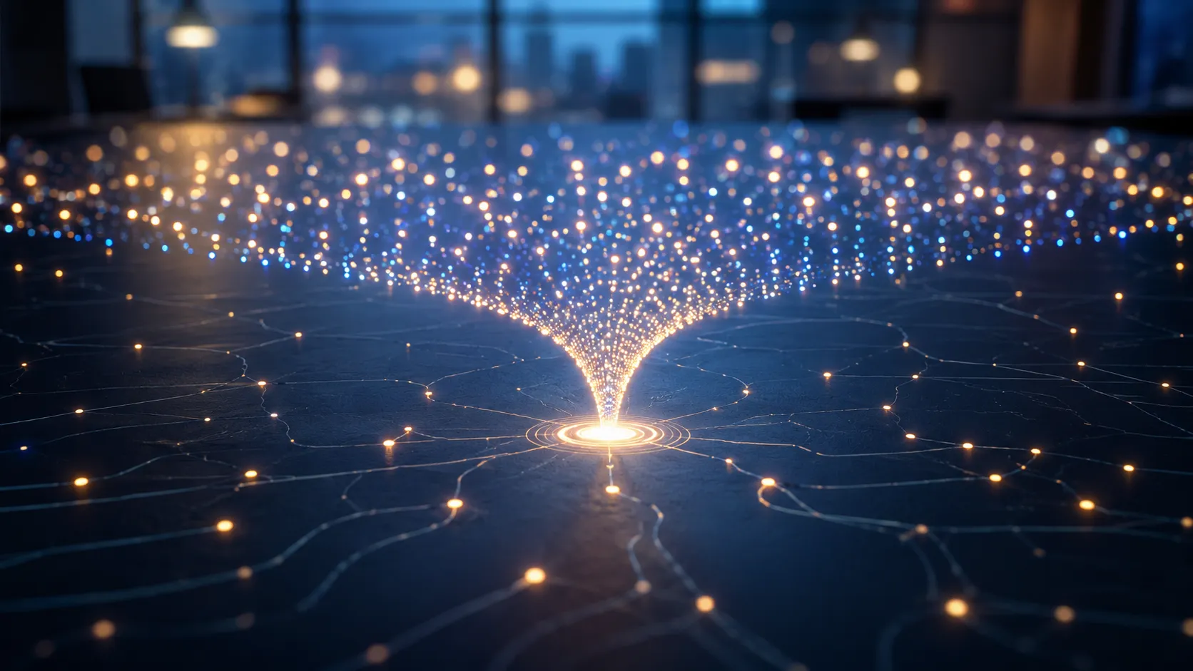Glowing interconnected gears and light paths routing small task tokens automatically above a laptop