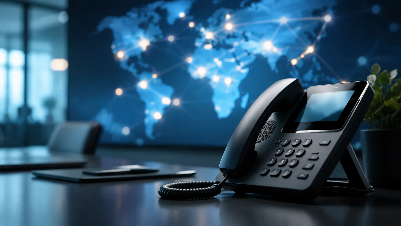Desk phone beside a glowing map with multiple connected light points on a clean desk