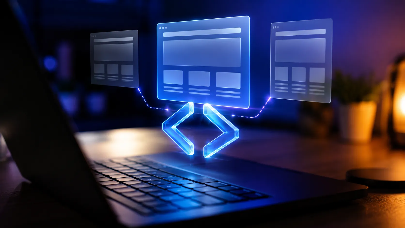 Glowing interconnected gears and light paths routing small task tokens automatically above a laptop