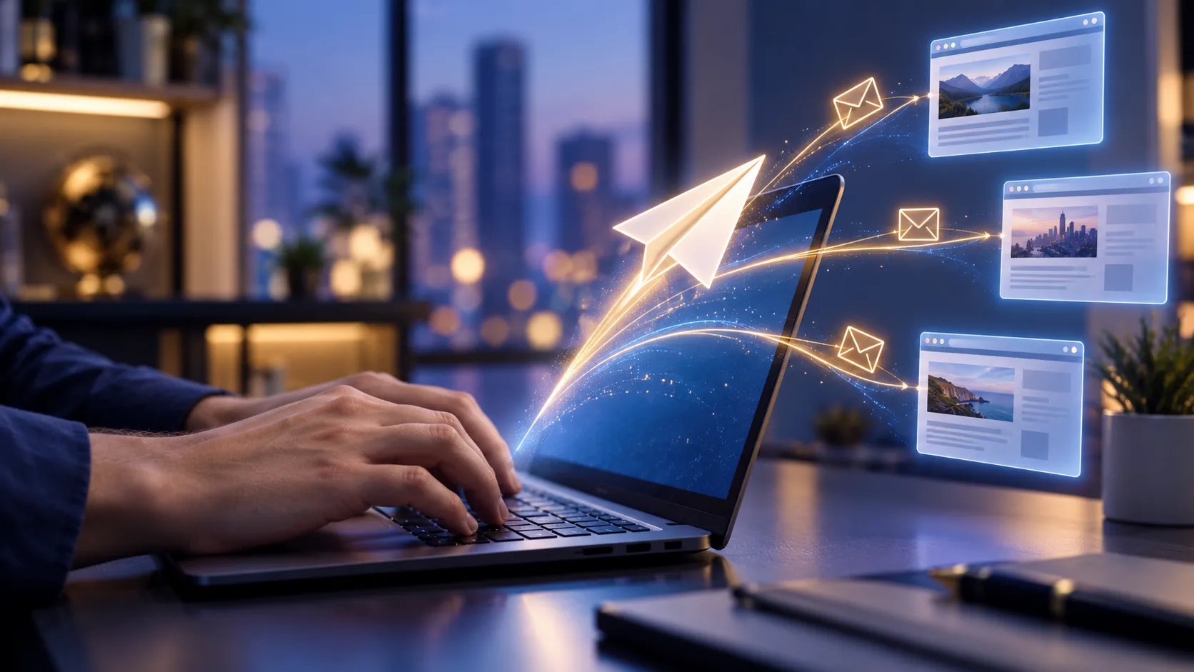 Glowing interconnected gears and light paths routing small task tokens automatically above a laptop