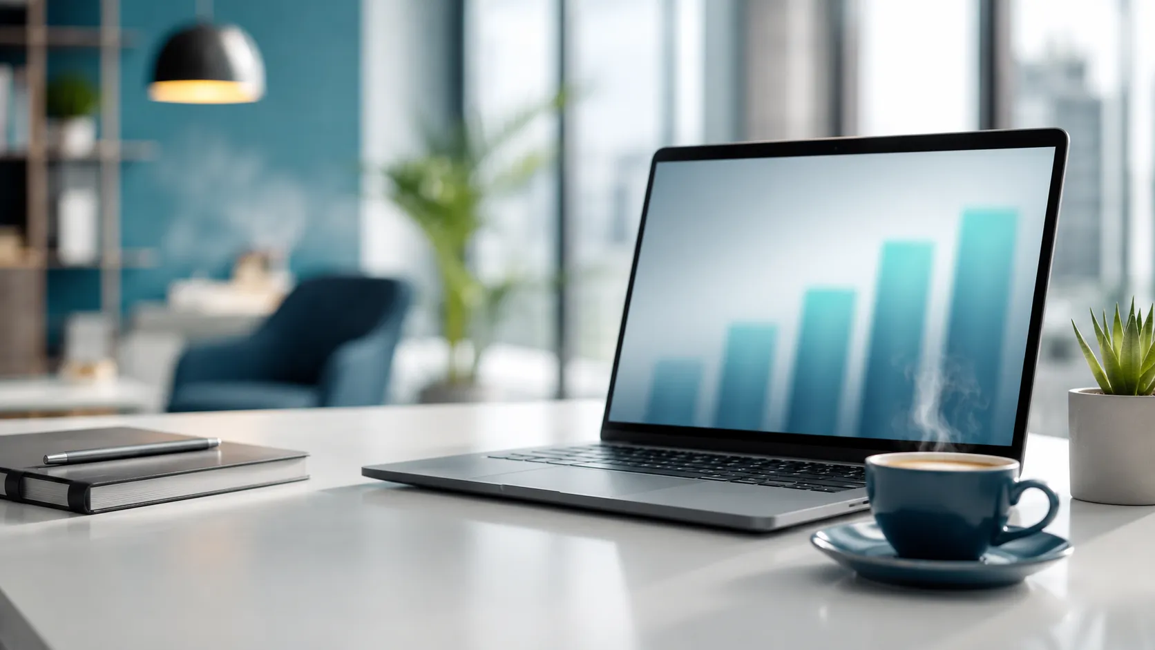 Laptop showing soft blurred rising bars beside a coffee cup on a bright modern desk