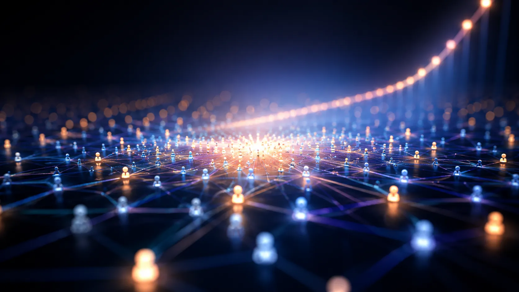 Glowing interconnected gears and light paths routing small task tokens automatically above a laptop