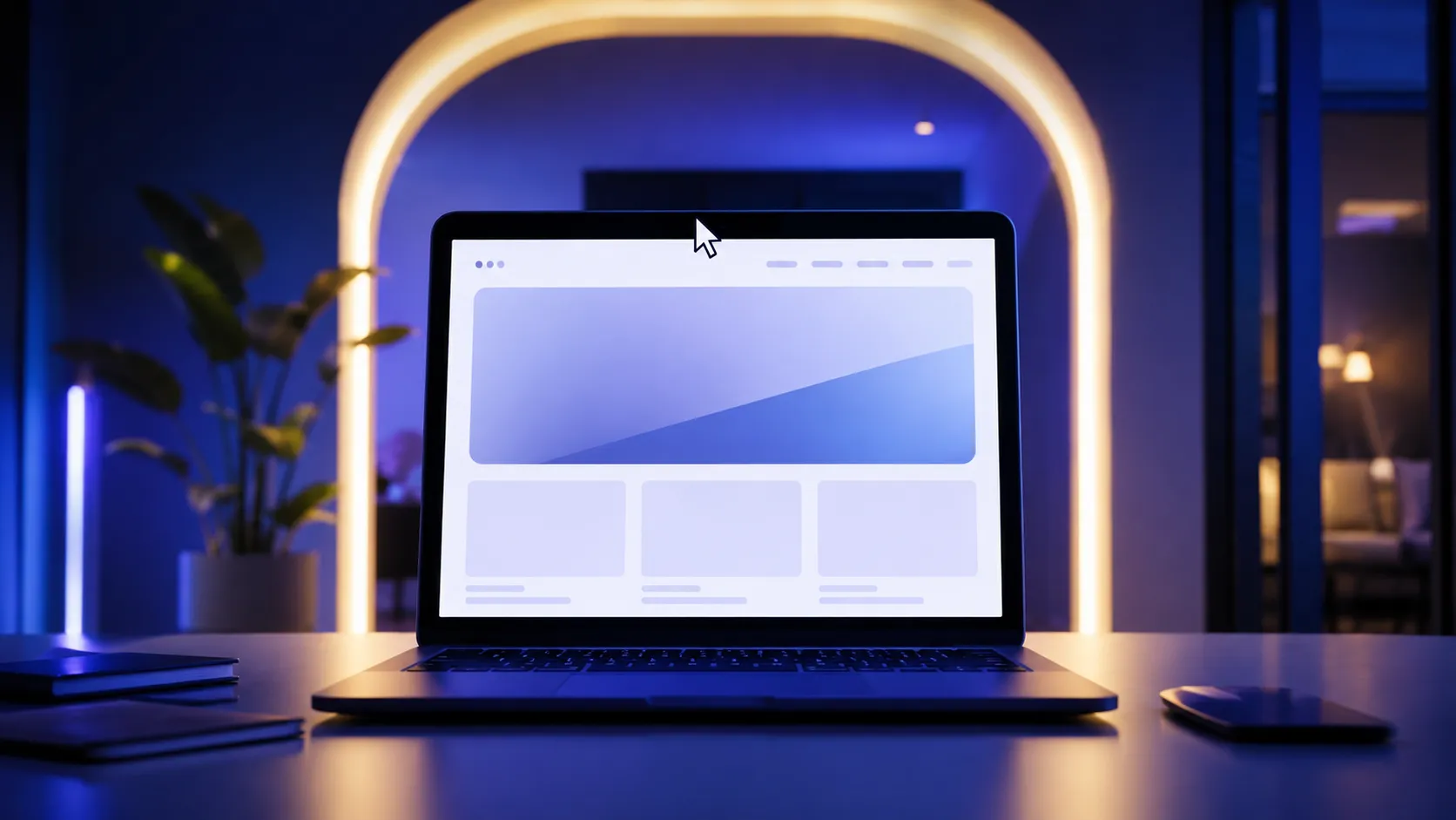 Glowing interconnected gears and light paths routing small task tokens automatically above a laptop