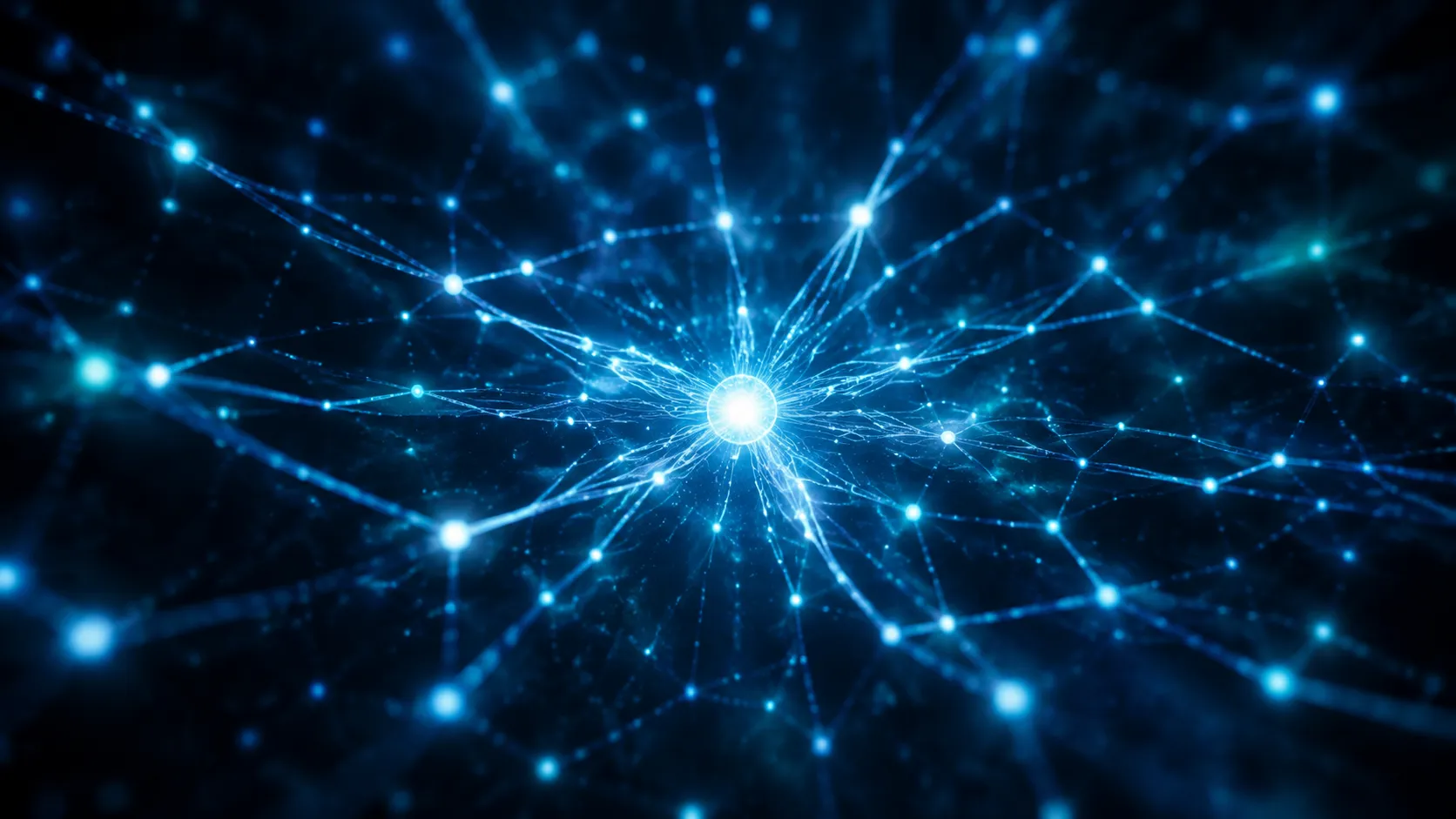 Glowing constellation of connected nodes converging on a bright central orb on a deep blue background