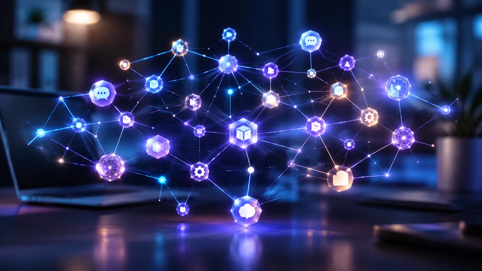 marketing-automation-efficiency-featured Glowing interconnected gears and light paths routing small task tokens automatically above a laptop