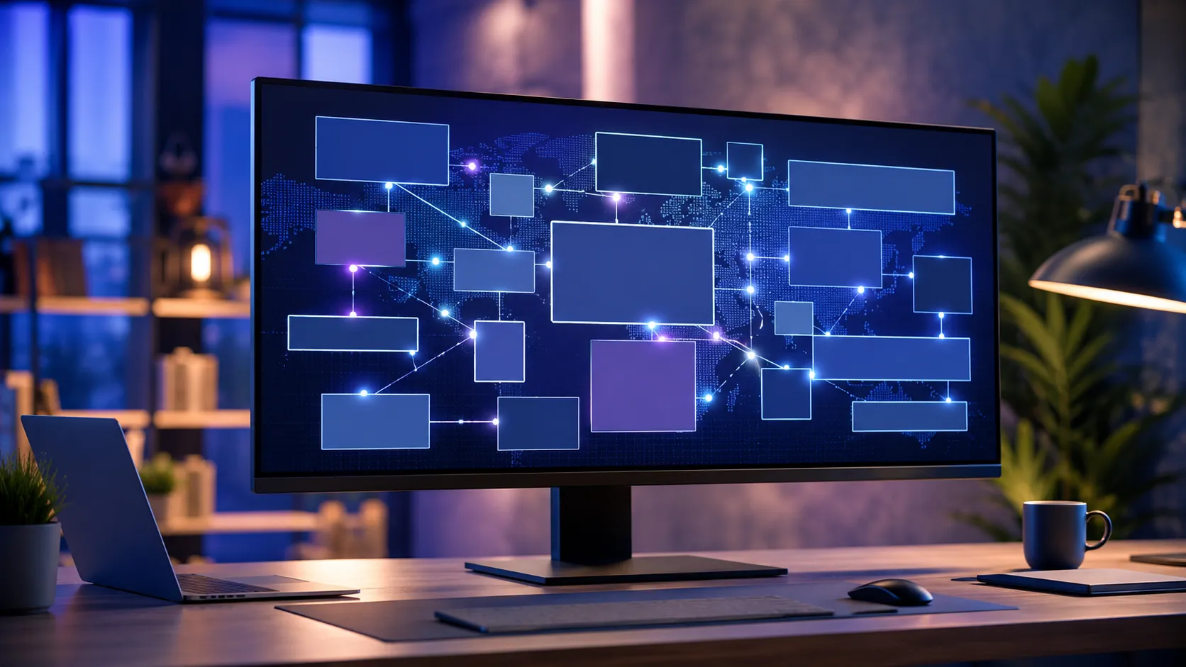 marketing-automation-efficiency-featured Glowing interconnected gears and light paths routing small task tokens automatically above a laptop