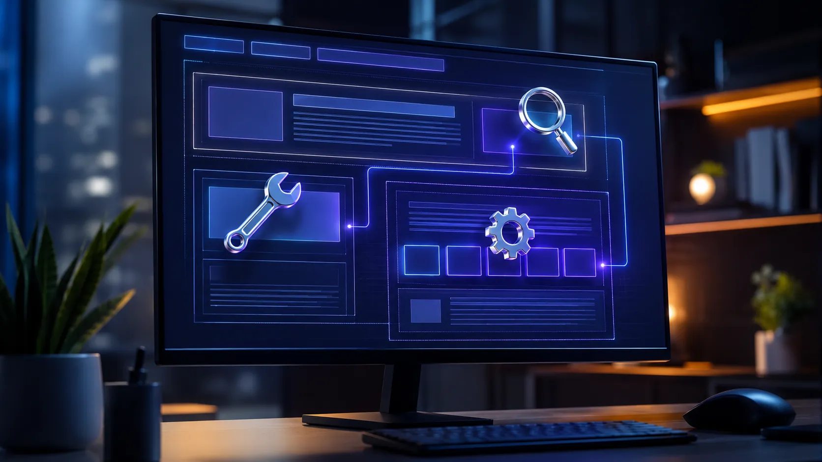 Glowing interconnected gears and light paths routing small task tokens automatically above a laptop