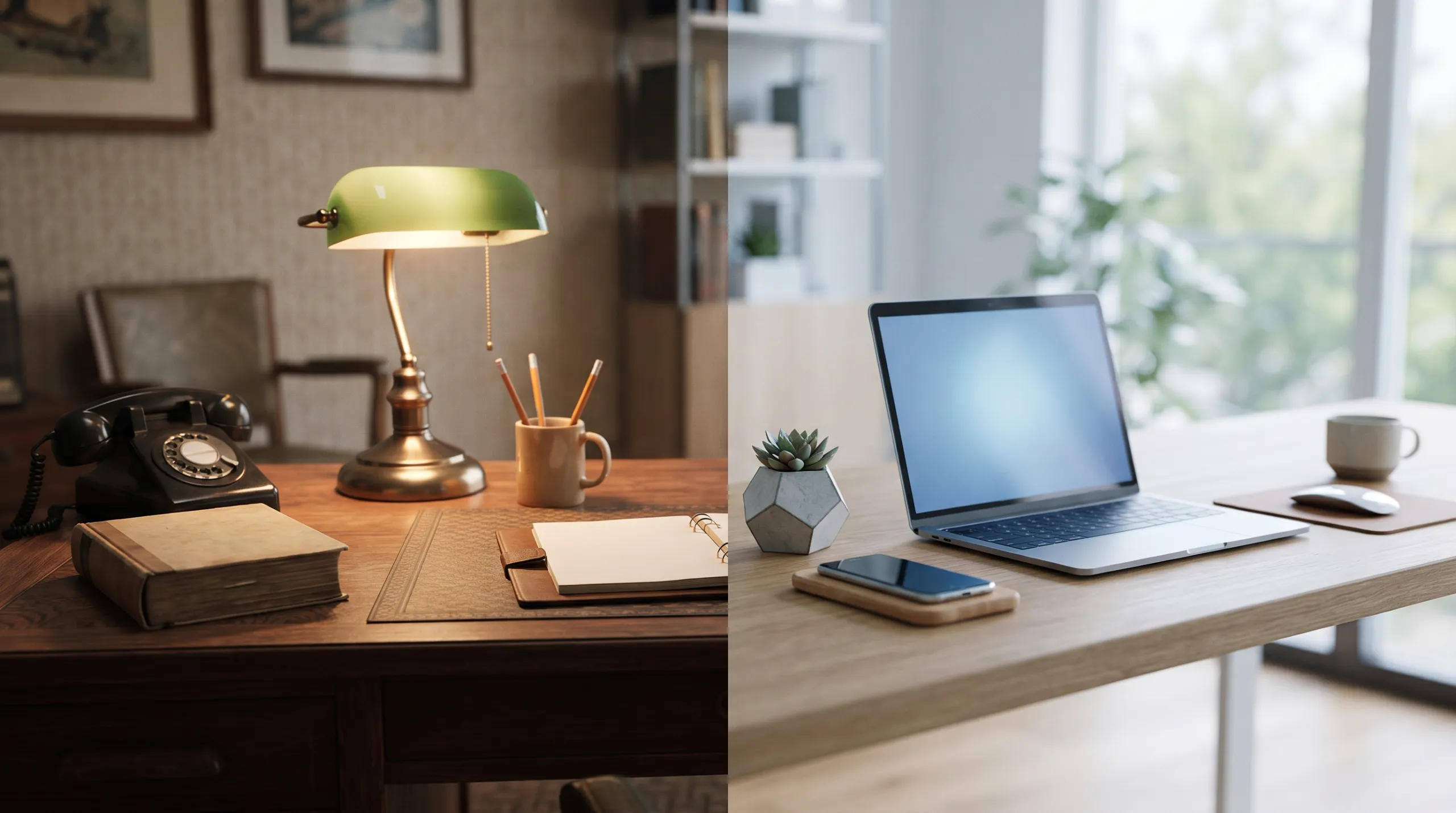 Vintage Office Desk Contrasted With Modern SEO Search Setup