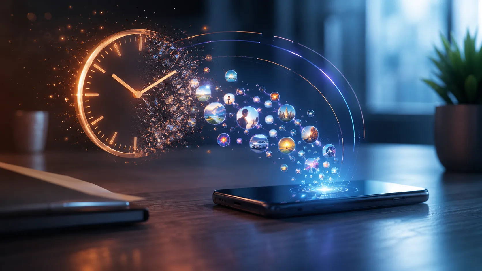 marketing-automation-efficiency-featured Glowing interconnected gears and light paths routing small task tokens automatically above a laptop