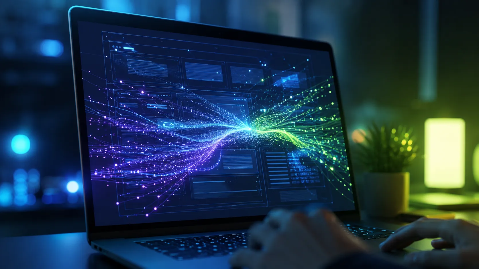 Glowing interconnected gears and light paths routing small task tokens automatically above a laptop
