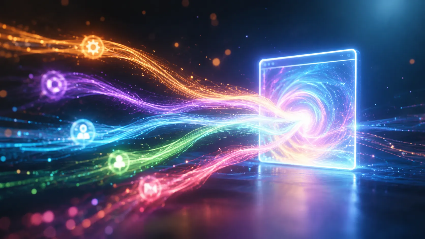 marketing-automation-efficiency-featured Glowing interconnected gears and light paths routing small task tokens automatically above a laptop