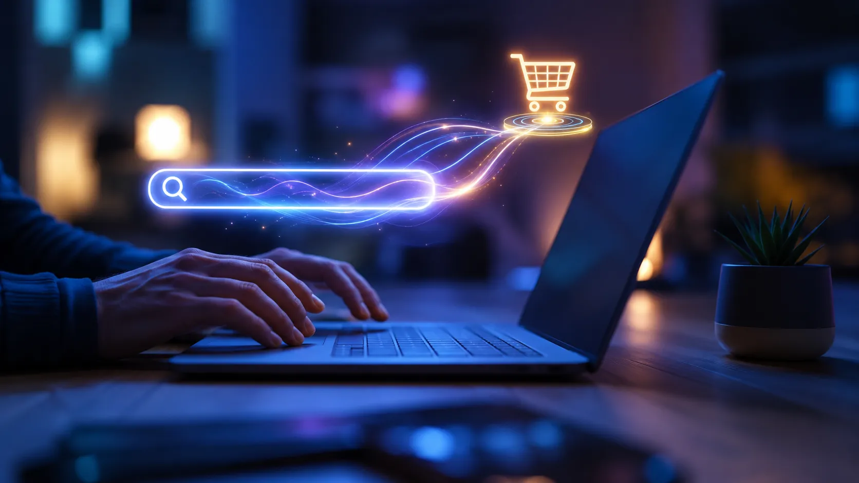 Glowing interconnected gears and light paths routing small task tokens automatically above a laptop