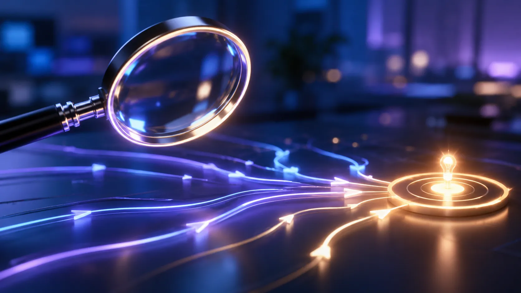 marketing-automation-efficiency-featured Glowing interconnected gears and light paths routing small task tokens automatically above a laptop