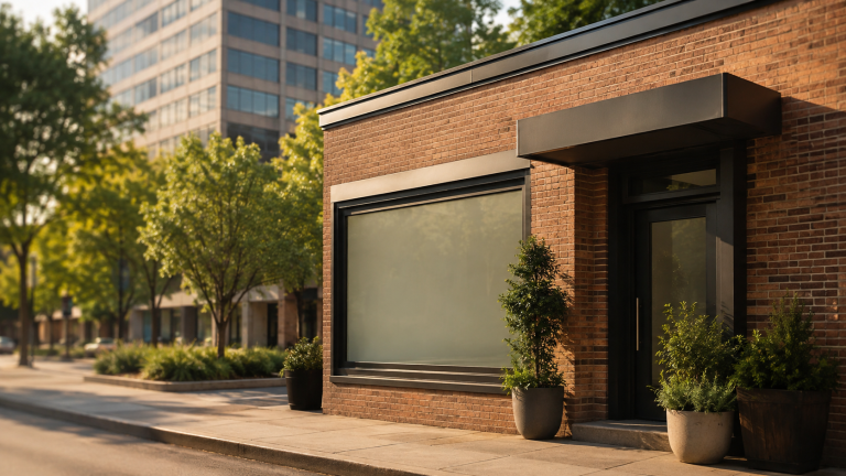 Small independent brick storefront office on a tree-lined street in morning light with a taller office block blurred behind